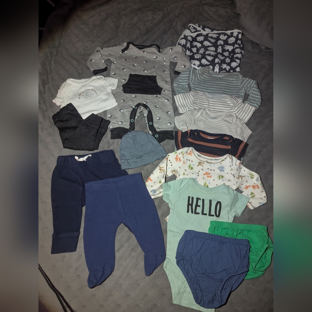 Newborn – 3M Baby Boy Clothing Bundle | 15 Pc Lot | Gerber, Carter’s, Sleep Sack
